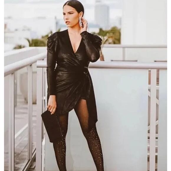 Jonathan Simkhai Metallic Dress V-Neck Puff Sleeve Belted Faux Wrap, Black - Picture 3 of 15